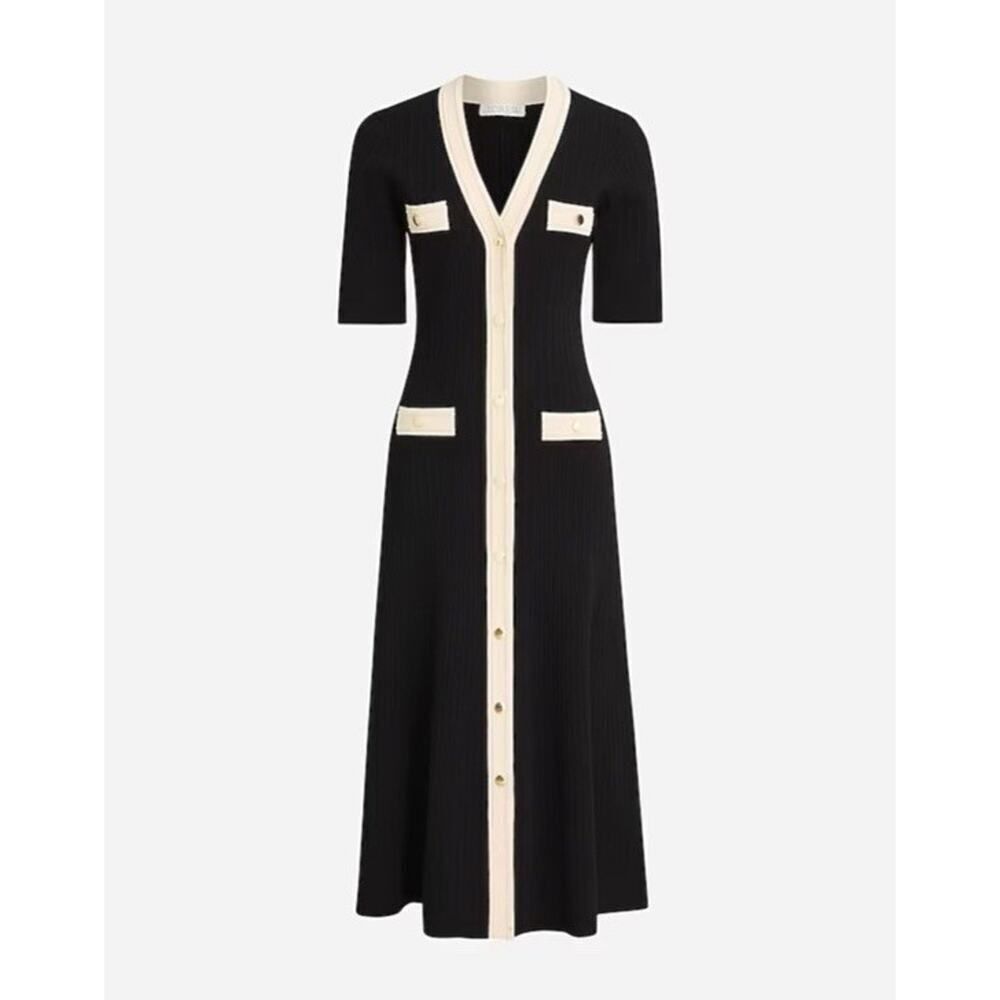 NWT J.Crew Ribbed Knit Dress Black Cream Trim Button Front Midi Size Large - Picture 4 of 12